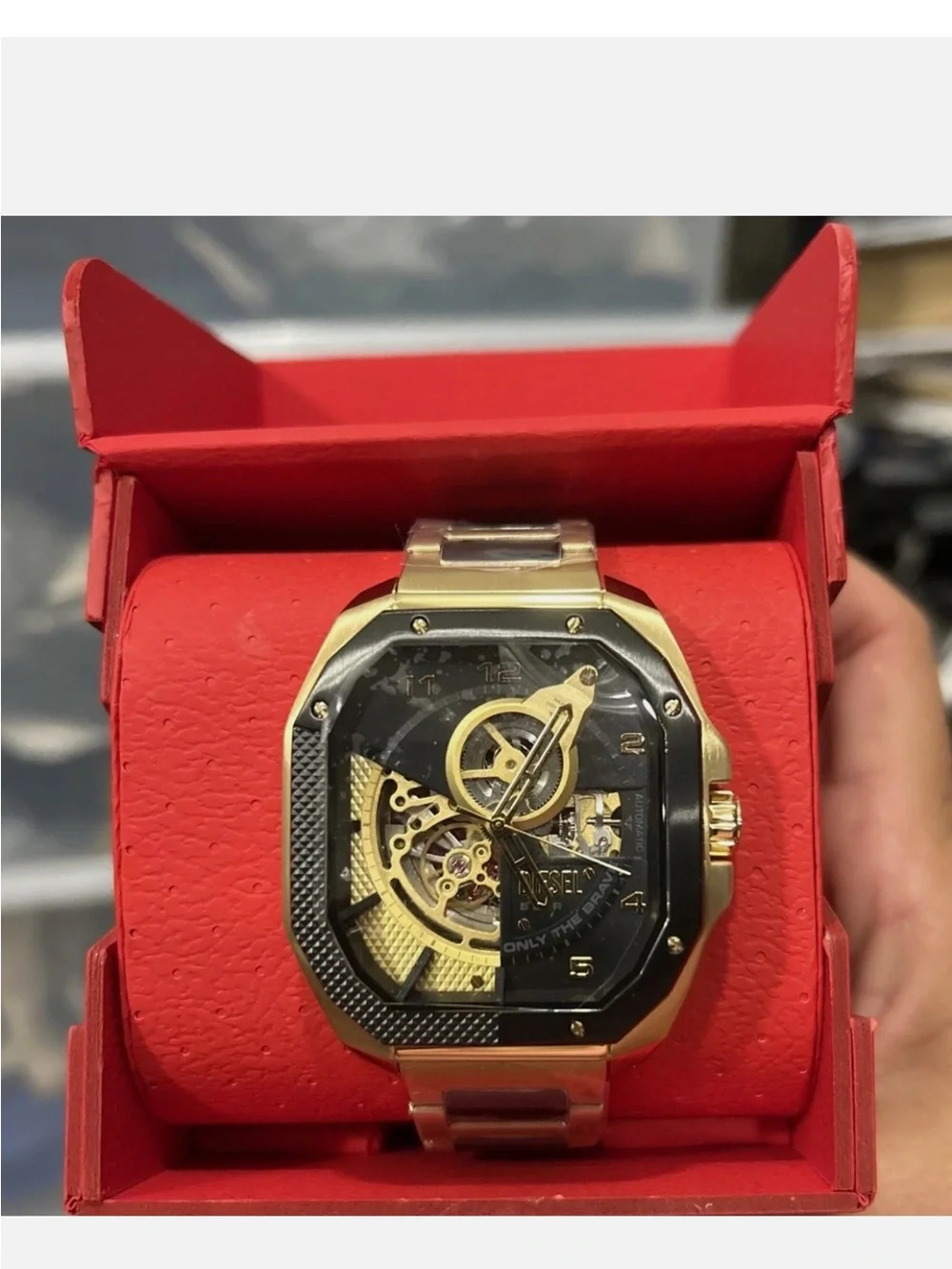 Diesel Mens Flayed Automatic Gold & Black Stainless Watch DZ7471 NIB NWT